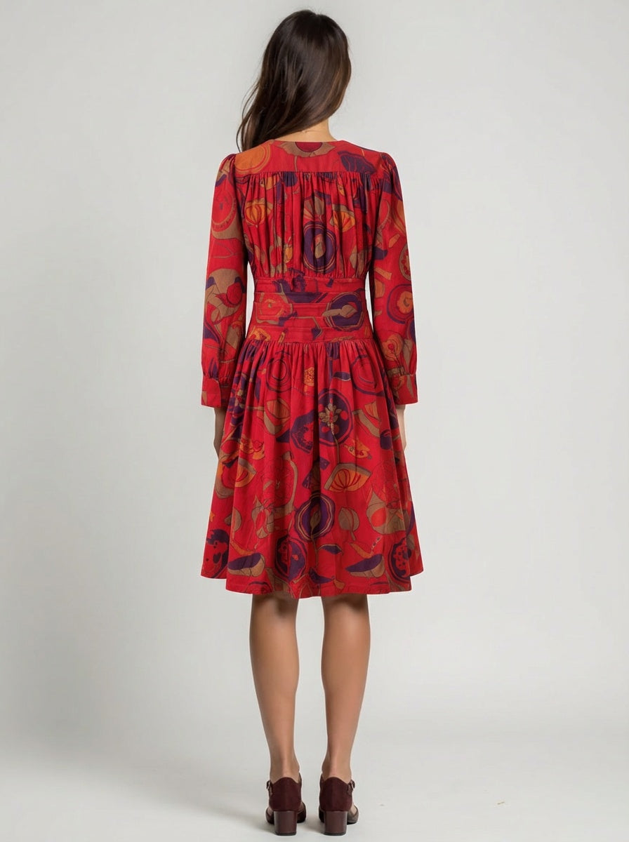 Floral Cotton Midi Dress for Women Long Sleeve V-Neck Linen Blossom Chambray Rose Boho Dress
