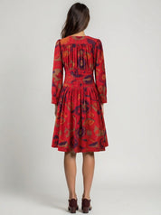 Floral Cotton Midi Dress for Women Long Sleeve V-Neck Linen Blossom Chambray Rose Boho Dress