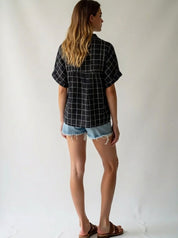Handwoven Cotton Linen Checks Top Short Sleeve Breathable Natural Fabric Casual