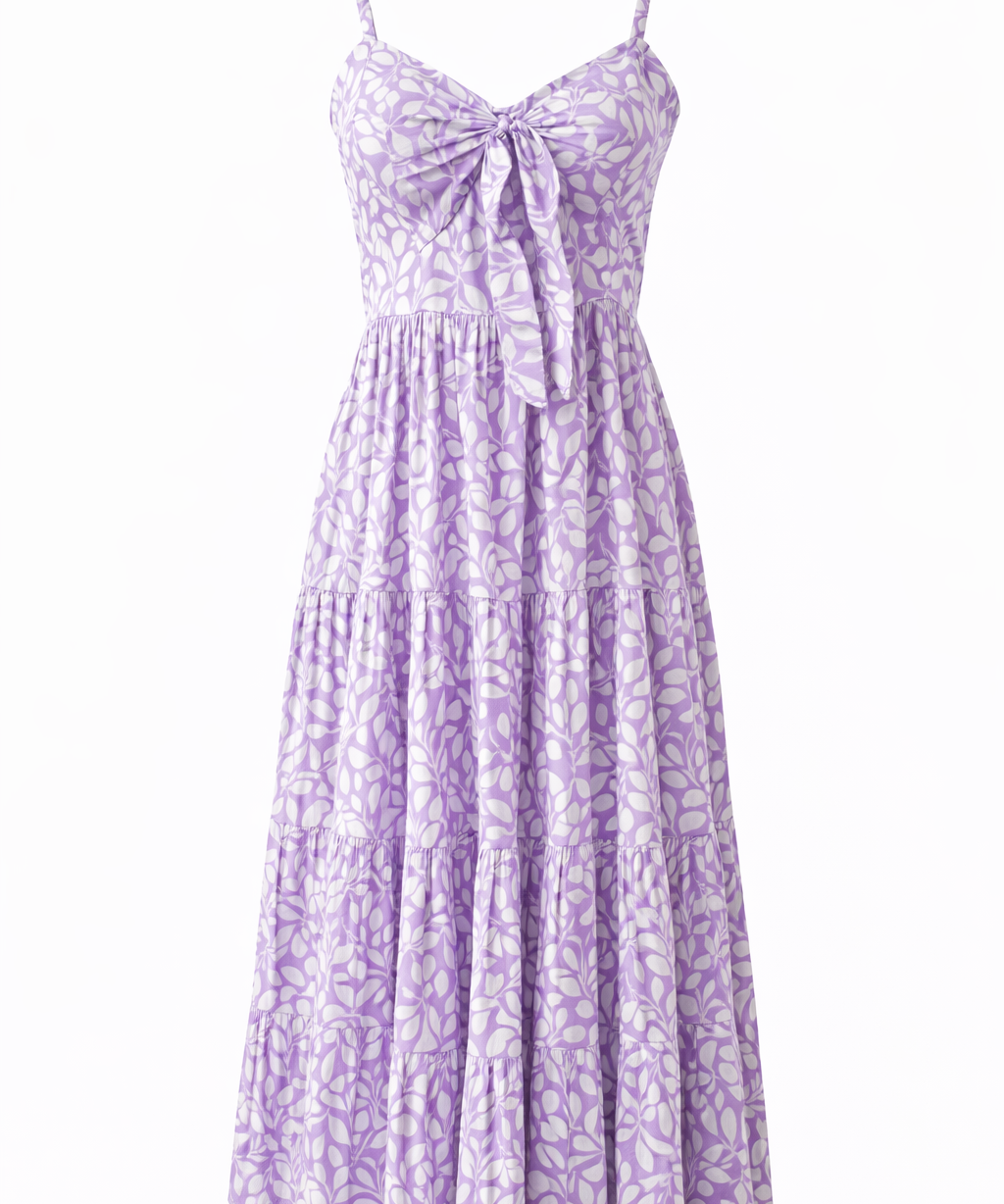 Floral Cotton Sleeveless Tiered Lavender Sundress with Front Tie Bow Smocked Back in Lavender Leaf Print Maxi Dress