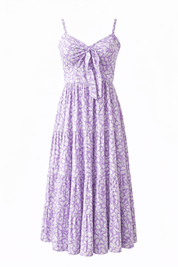 Floral Cotton Sleeveless Tiered Lavender Sundress with Front Tie Bow Smocked Back in Lavender Leaf Print Maxi Dress