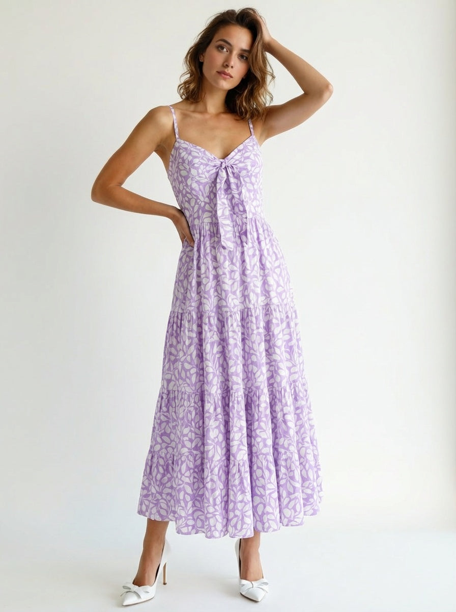 Floral Cotton Sleeveless Tiered Lavender Sundress with Front Tie Bow Smocked Back in Lavender Leaf Print Maxi Dress