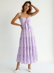 Floral Cotton Sleeveless Tiered Lavender Sundress with Front Tie Bow Smocked Back in Lavender Leaf Print Maxi Dress