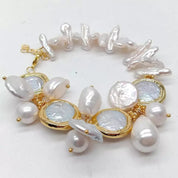 Natural Freshwater White Biwa Pearl Coin Keshi Pearl Sea Shell Pearl Bracelet 8"