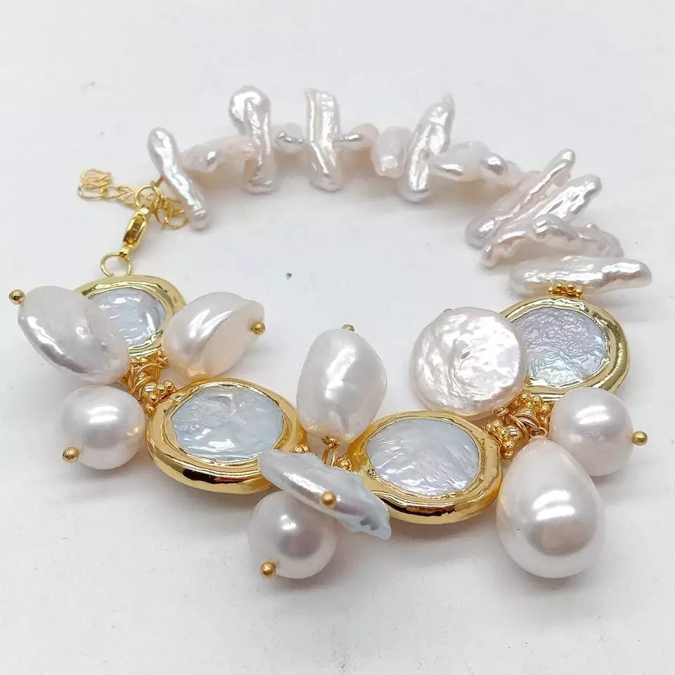 Natural Freshwater White Biwa Pearl Coin Keshi Pearl Sea Shell Pearl Bracelet 8"