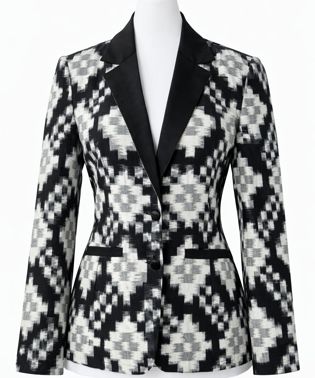 Ikat Cotton Blazer for Women Handwoven Ethnic Jacket Fitted Waist Notch Lapel
