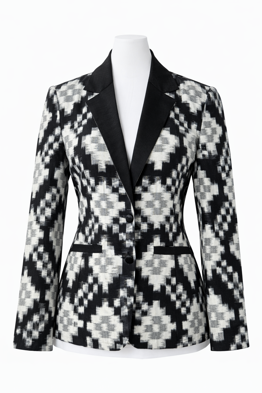 Ikat Cotton Blazer for Women Handwoven Ethnic Jacket Fitted Waist Notch Lapel