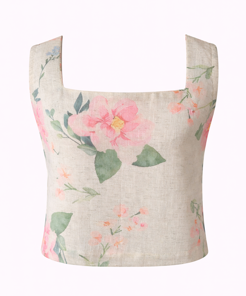 Floral Cotton Linen Co-Ord Set Summer Crop Top High-Waisted Shorts
