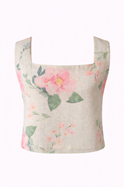 Floral Cotton Linen Co-Ord Set Summer Crop Top High-Waisted Shorts