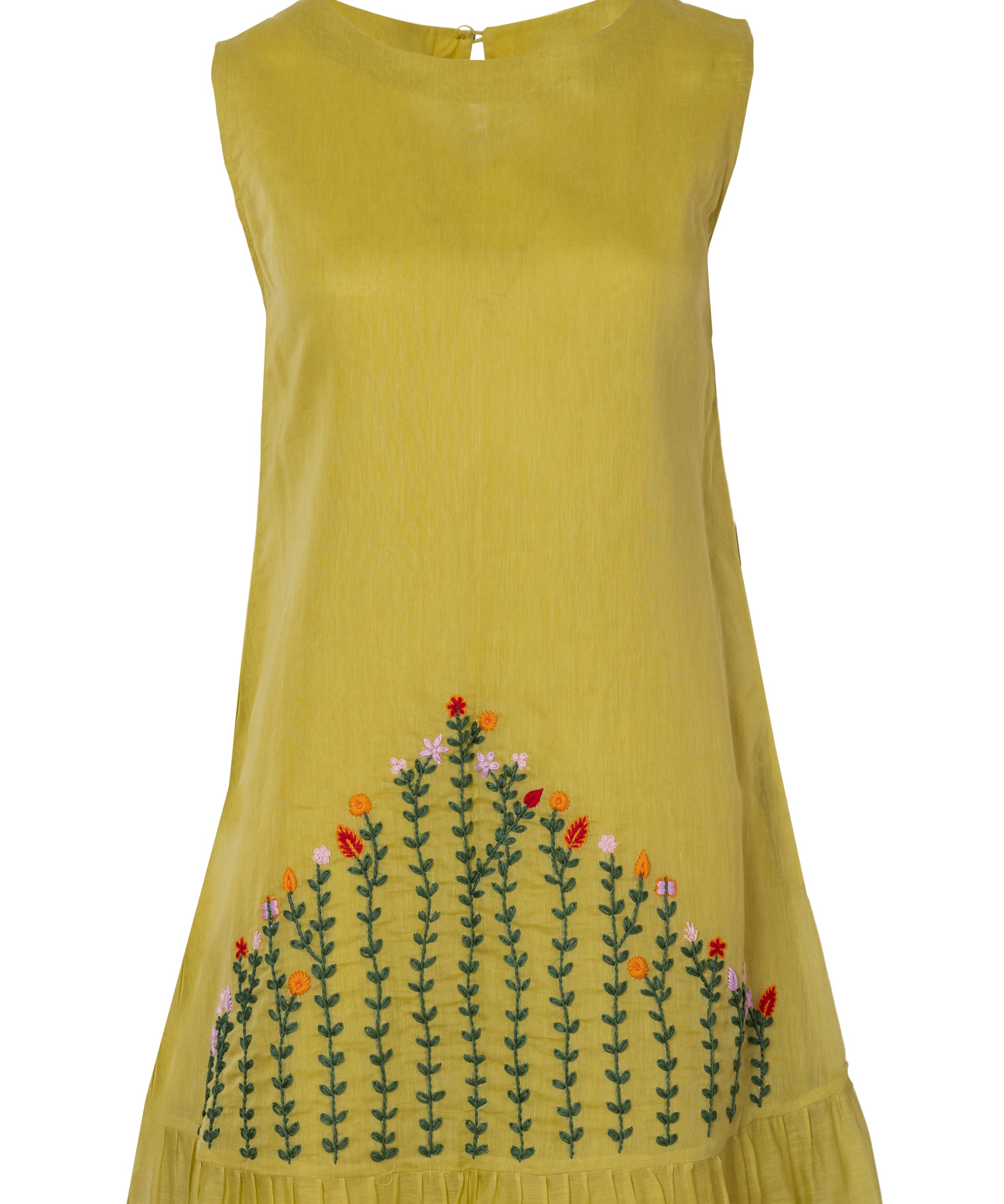 Mustard yellow cotton silk scoop-neck dress with floral hand-embroidery and ruffled hem, front view