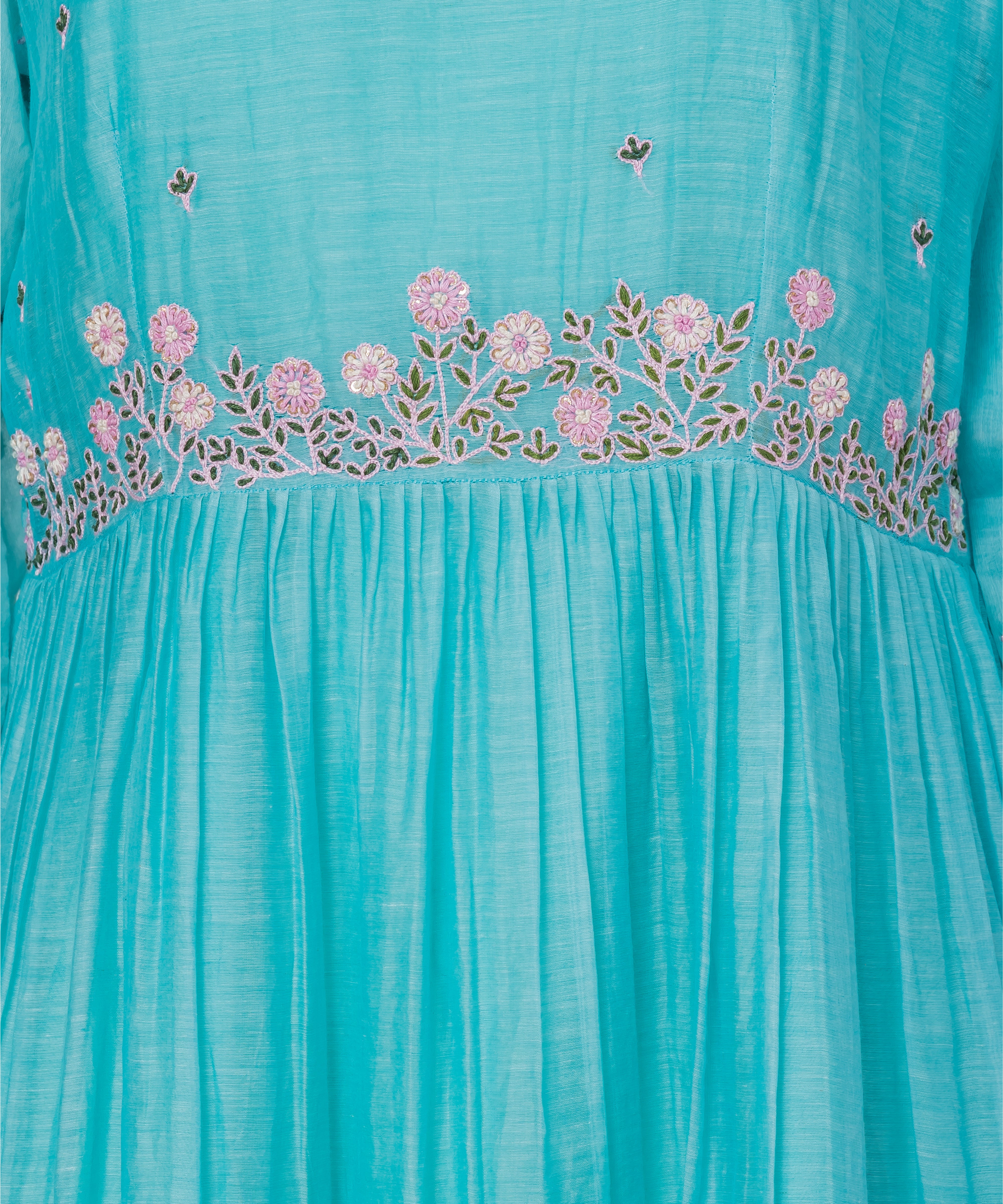 Turquoise A-line ethnic midi dress with floral embroidery and gathered waist, close-up view