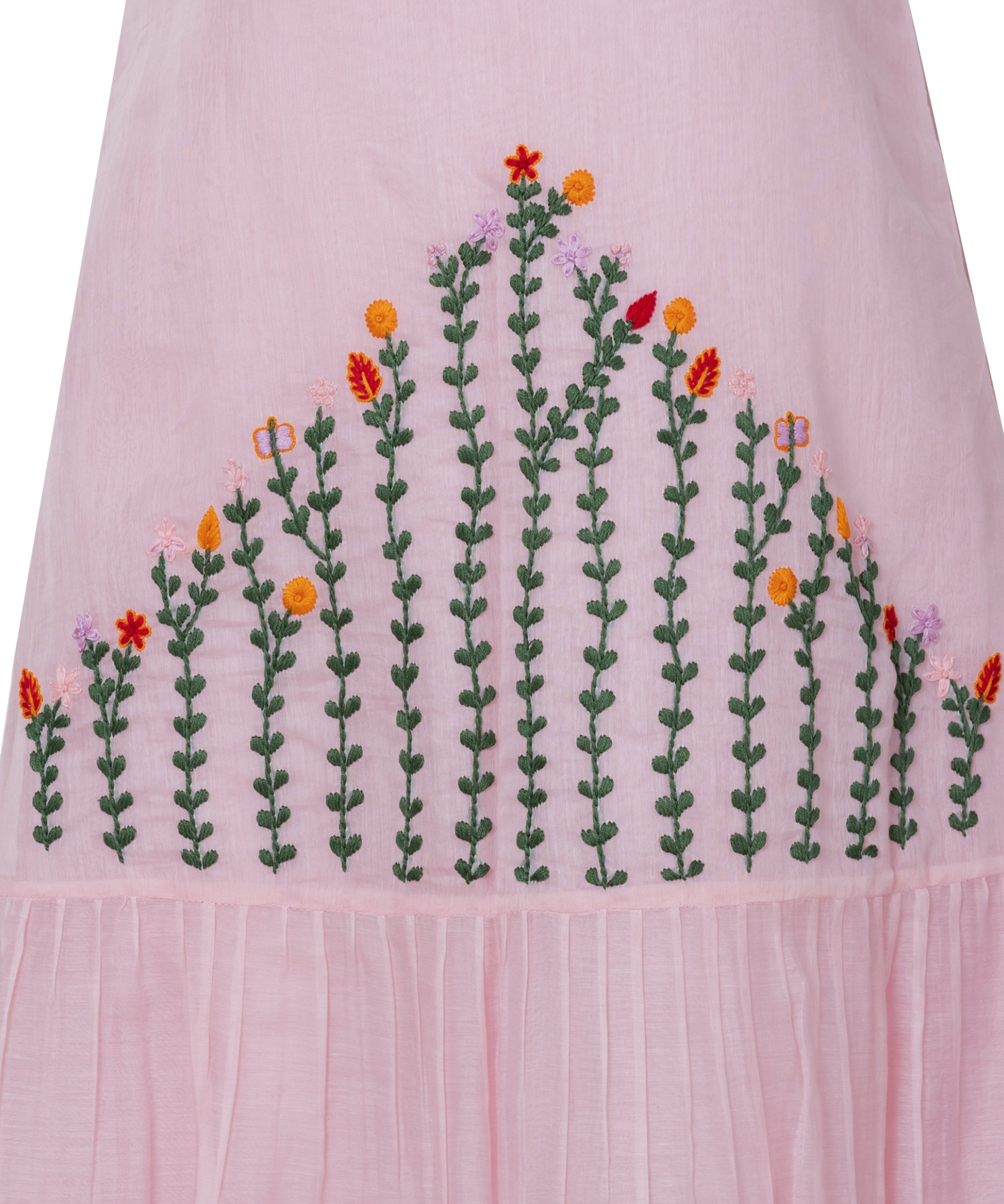 Pink cotton silk midi dress with hand-embroidered floral pattern and tiered hem, close-up view