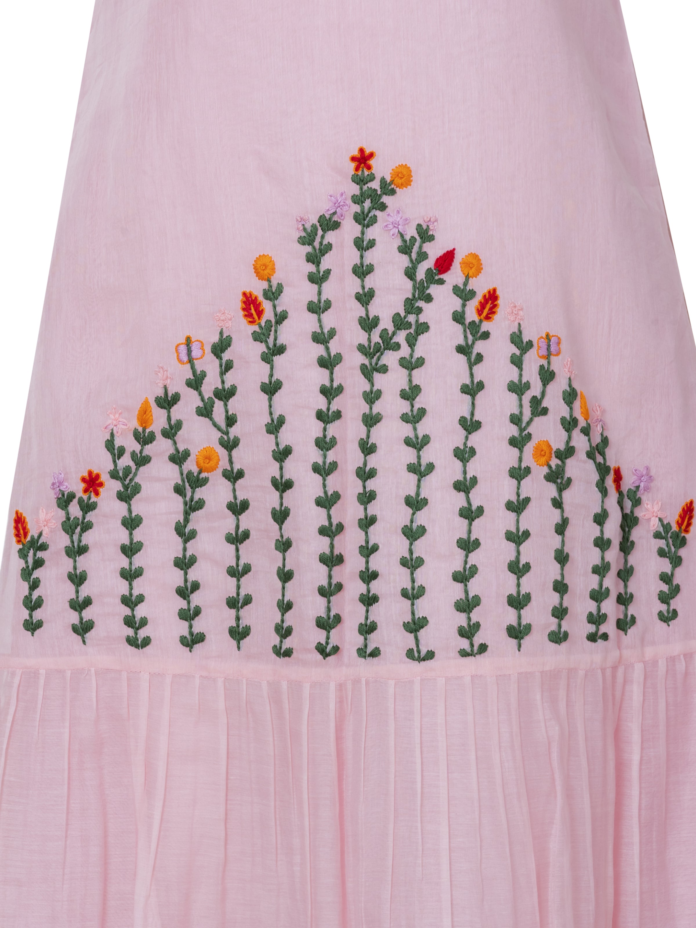 Pink cotton silk midi dress with hand-embroidered floral pattern and tiered hem, close-up view