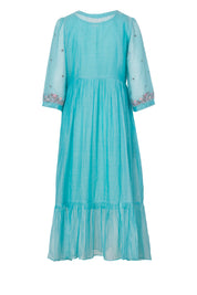Turquoise A-line midi dress with floral embroidery on sleeves and ruffled hem, back view