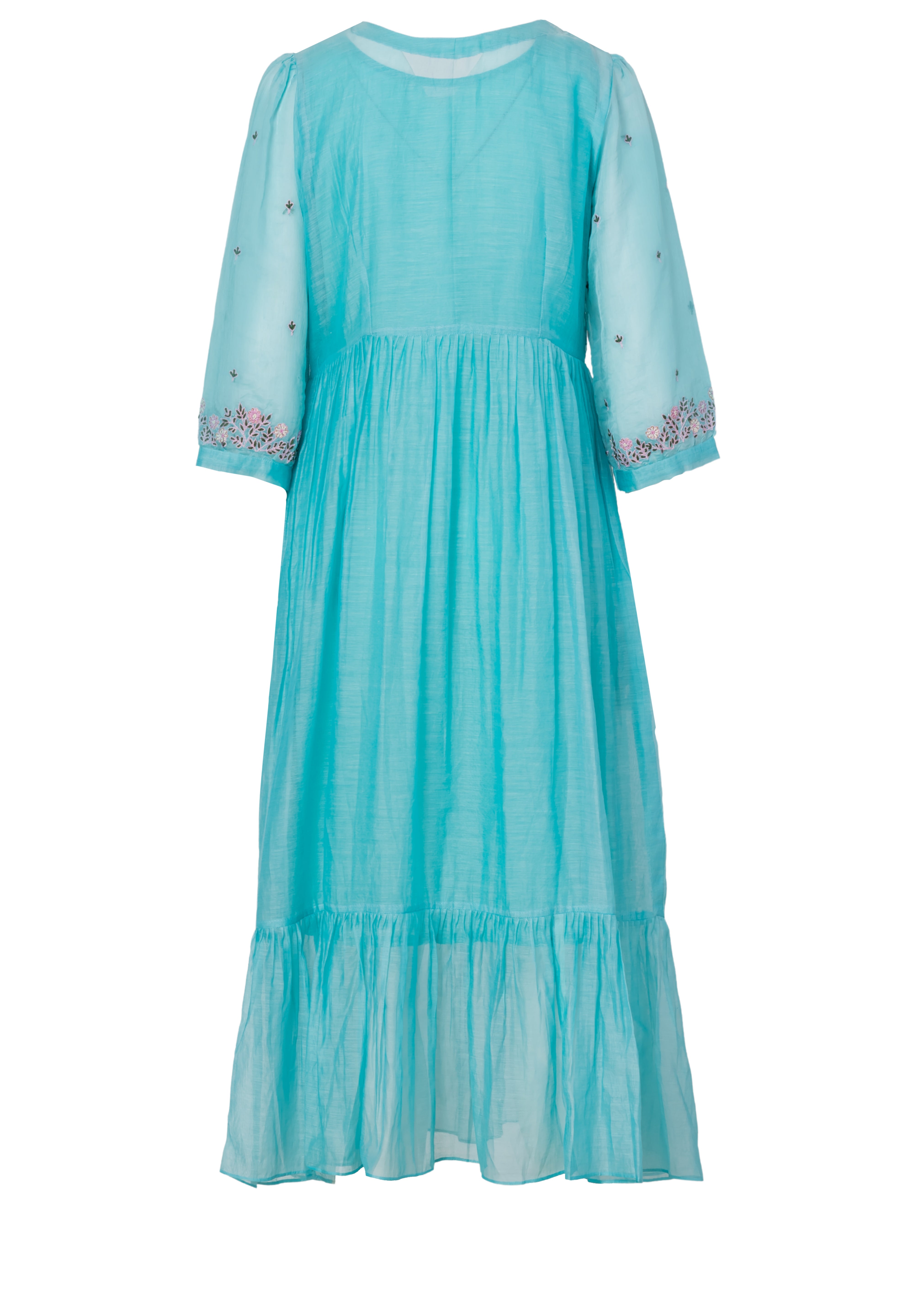 Turquoise A-line midi dress with floral embroidery on sleeves and ruffled hem, back view