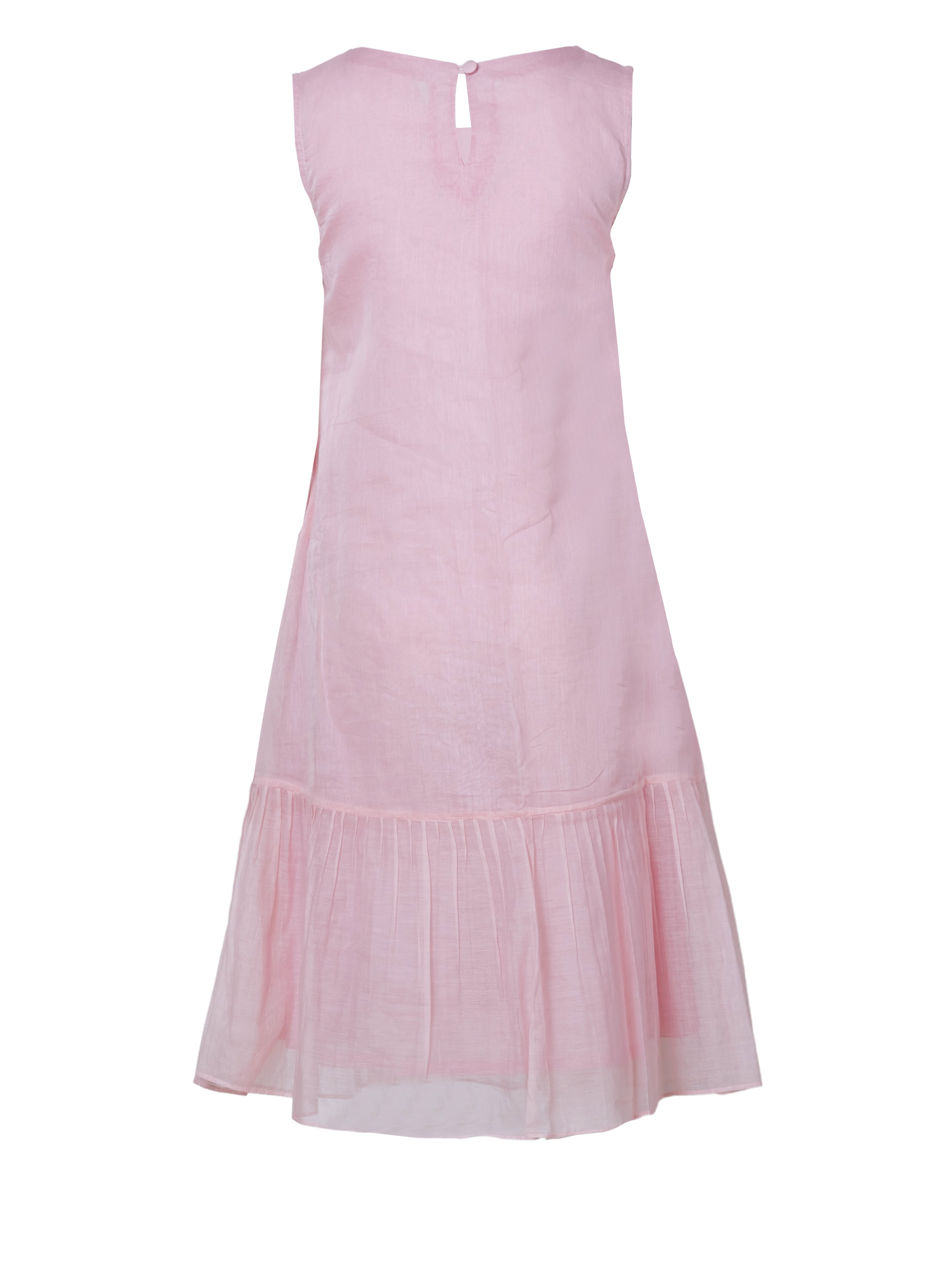 Soft pink cotton silk midi dress with tiered hem and hand embroidery, sleeveless with back keyhole detail, front view