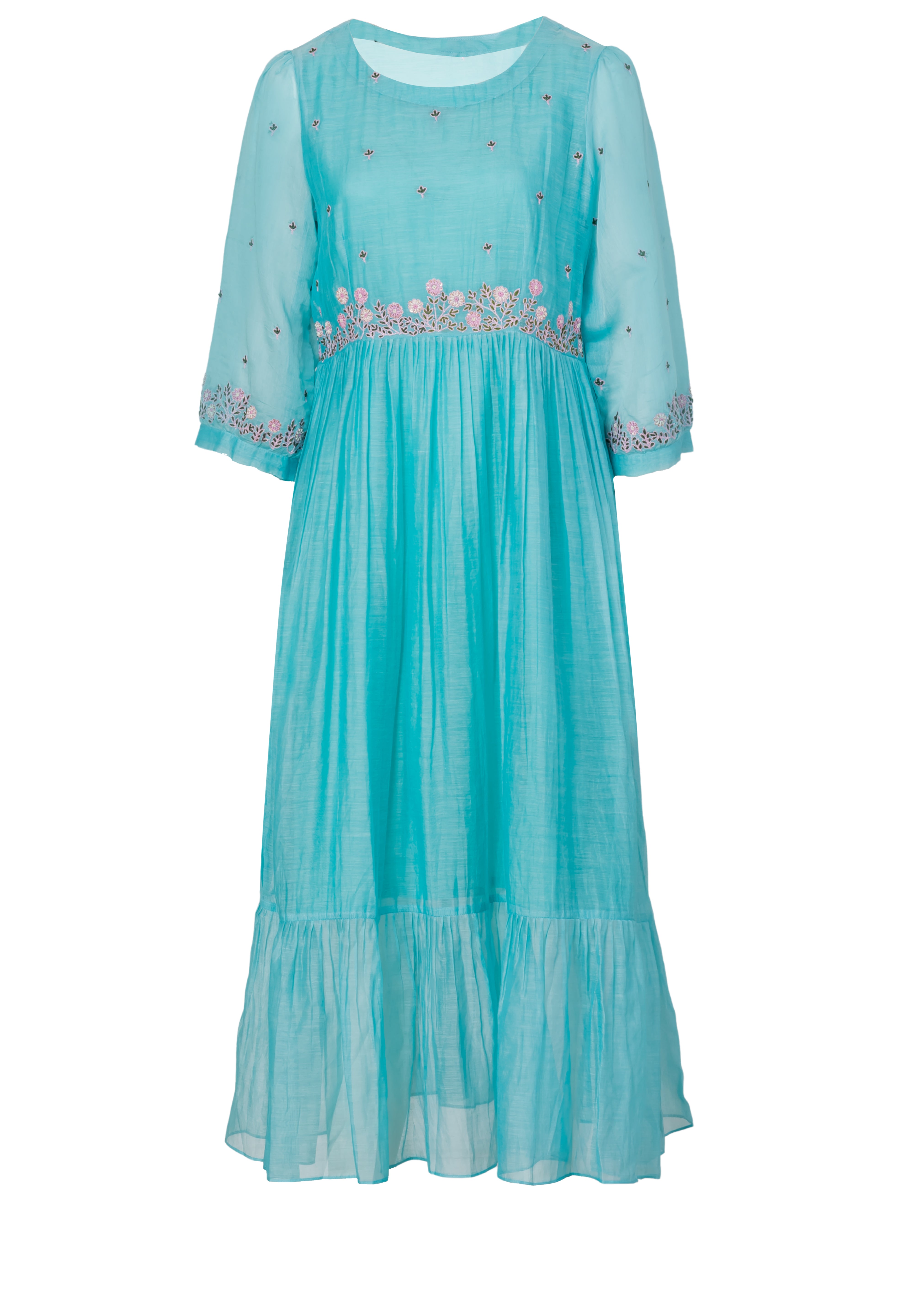 Turquoise A-line midi dress with floral embroidery at waist and sleeves, sheer lightweight fabric, ruffled hem, front view