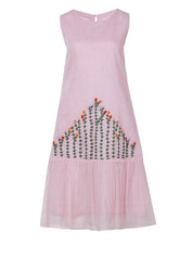 Pink cotton silk midi dress with hand-embroidered floral pattern and tiered hem, sleeveless with keyhole neckline, front view