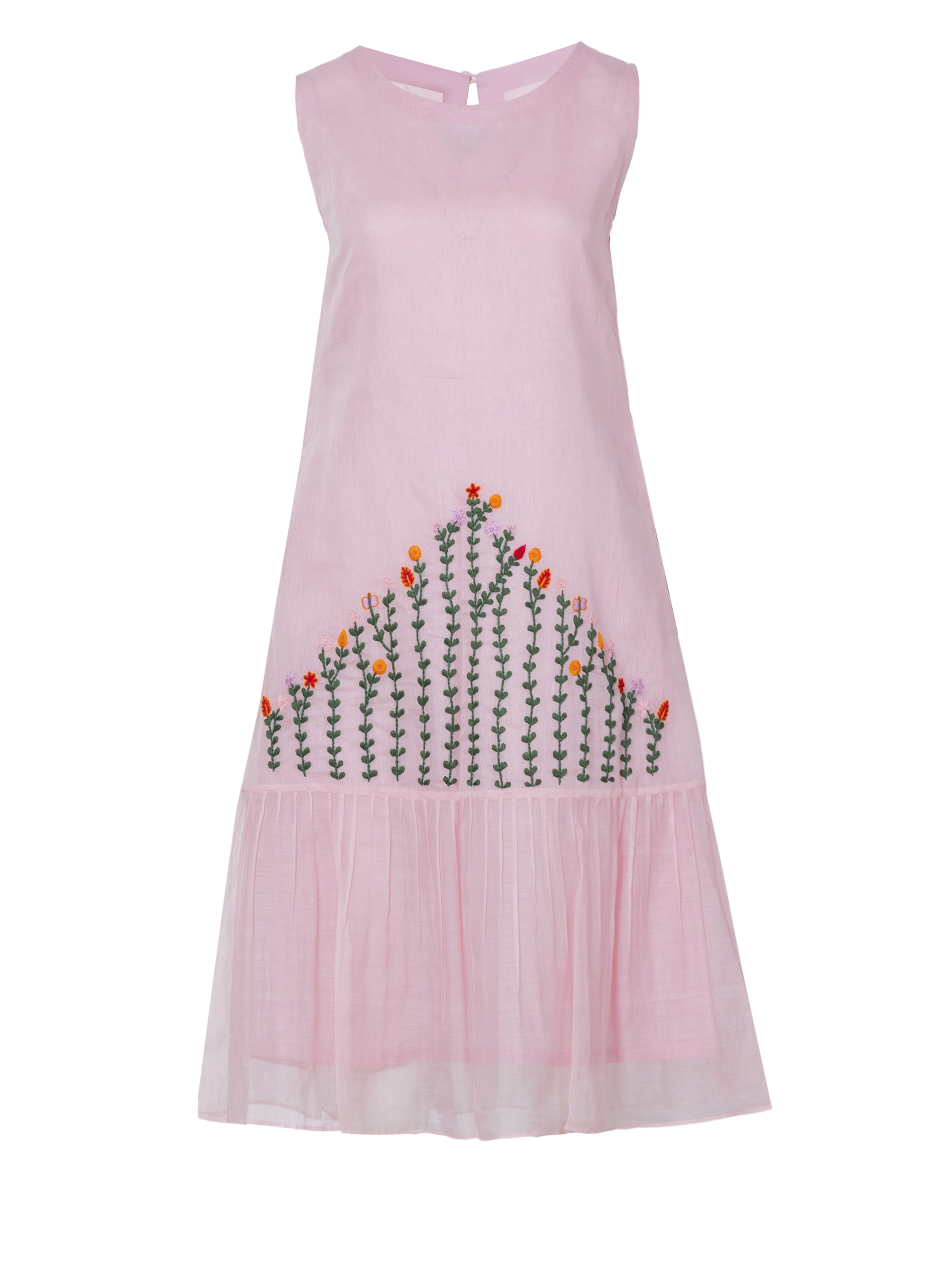 Pink cotton silk midi dress with hand-embroidered floral pattern and tiered hem, sleeveless with keyhole neckline, front view