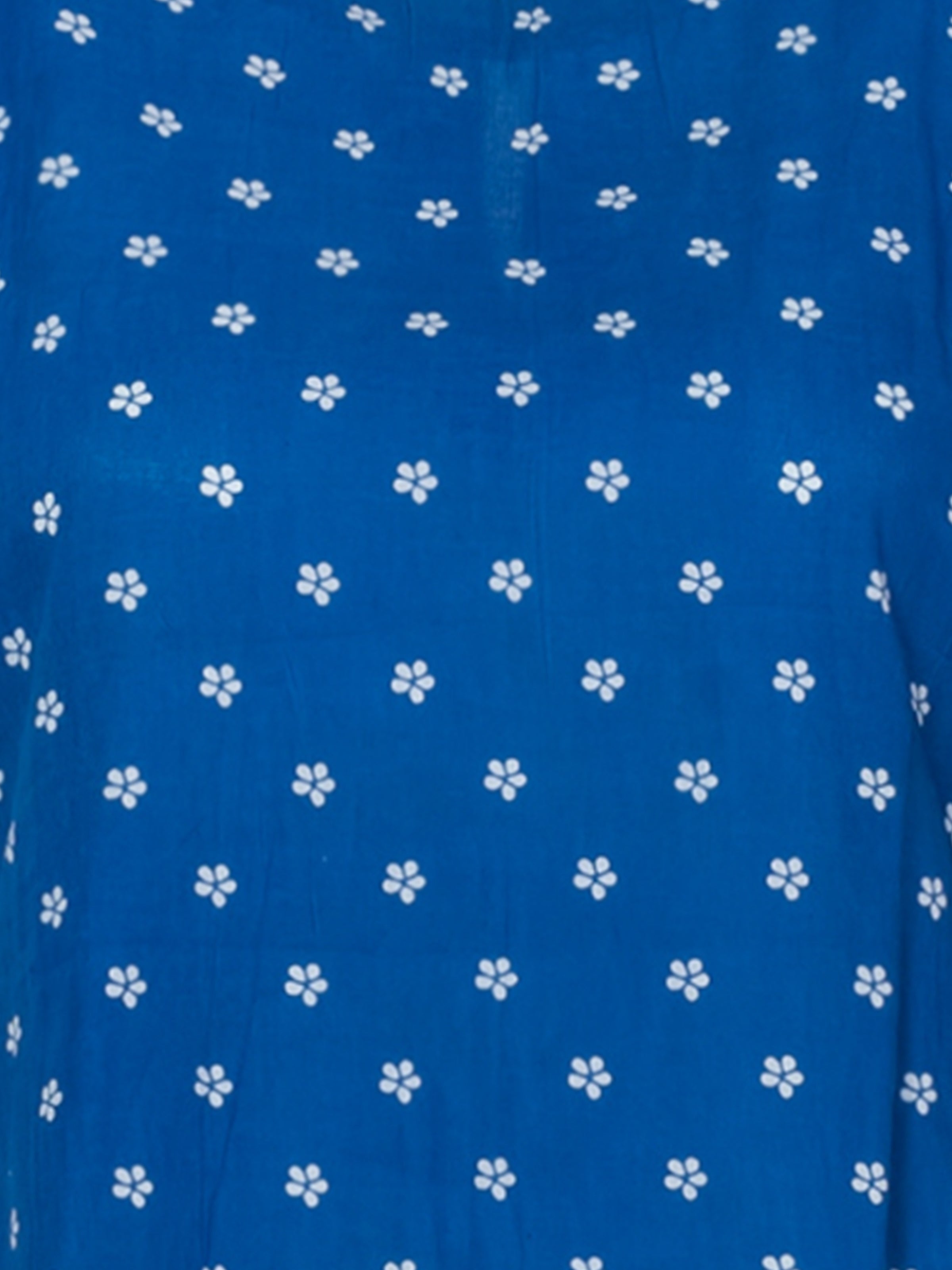 Blue cotton midi dress with white polka dot pattern, A-line silhouette, sleeveless design, close-up texture view