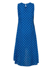 Blue polka dot A-line sleeveless cotton midi dress with white floral pattern and keyhole back detail, front view