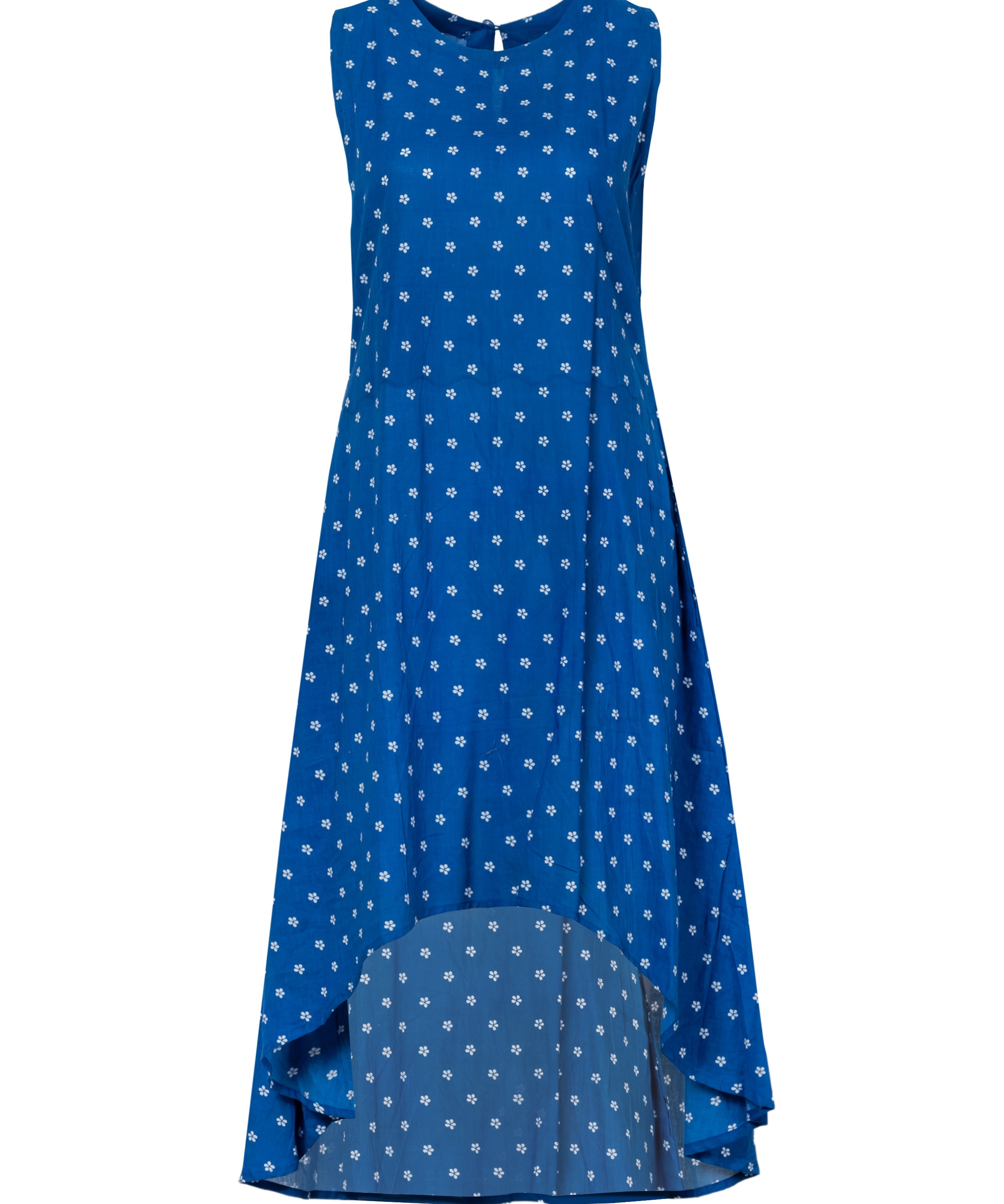 Blue sleeveless A-line cotton midi dress with white polka dot pattern and high-low hem, front view