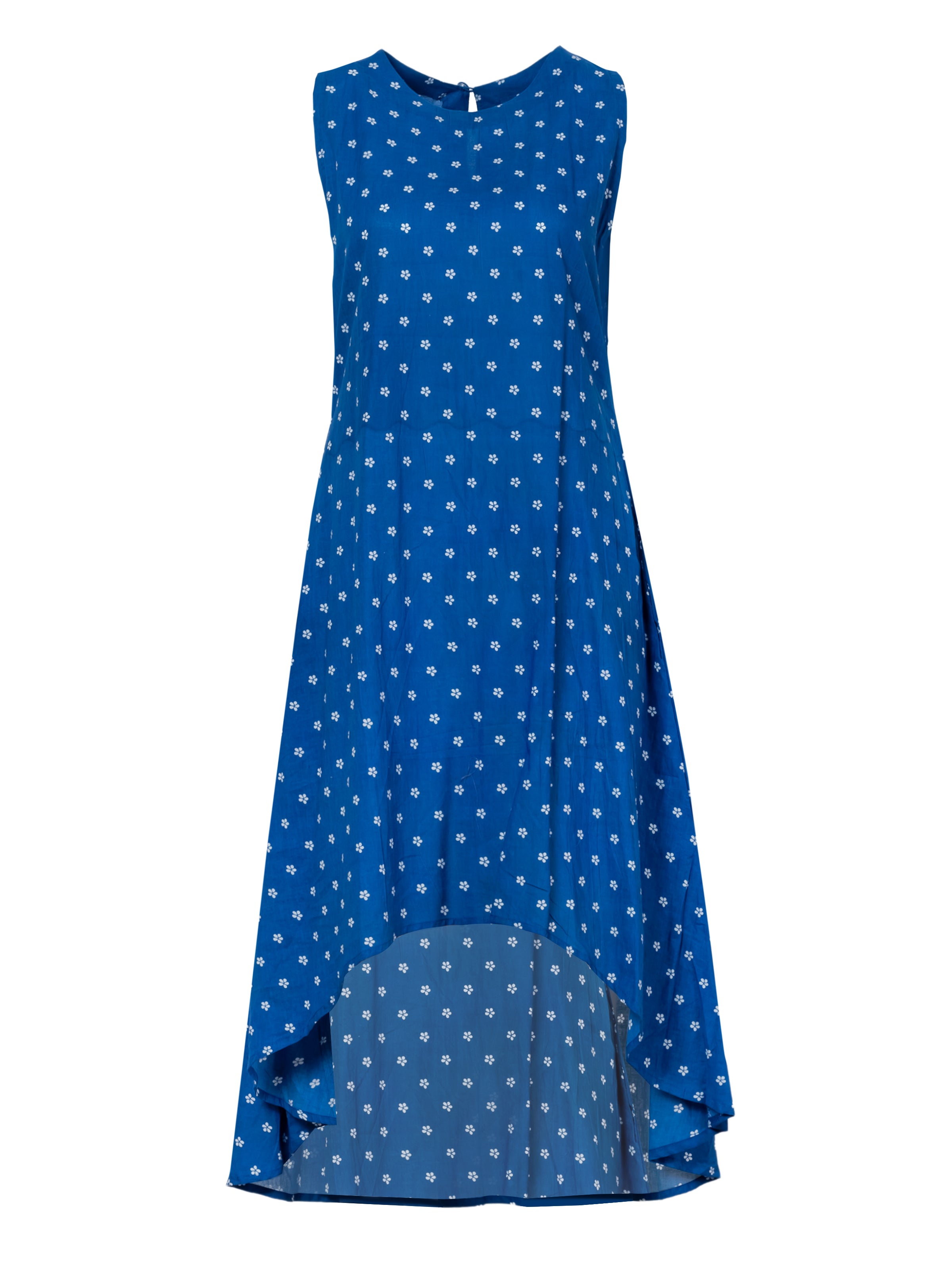 Blue sleeveless A-line cotton midi dress with white polka dot pattern and high-low hem, front view