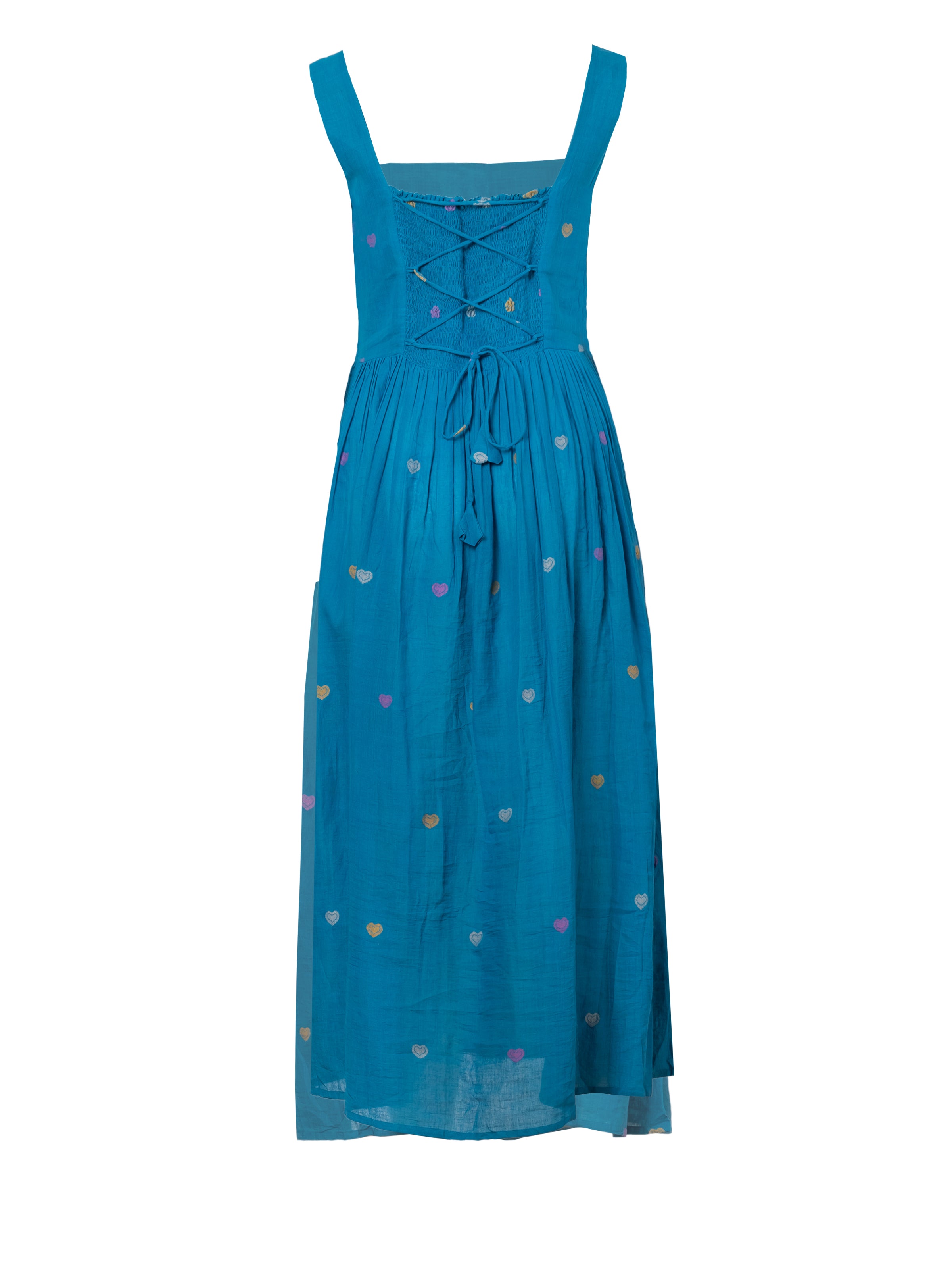 Turquoise cotton maxi dress with colorful heart patterns, front lace-up bodice, and drawstring waist, shown in full-length front view.