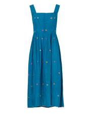 Turquoise cotton maxi dress with colorful heart embroidery and front button closure, full-length front view