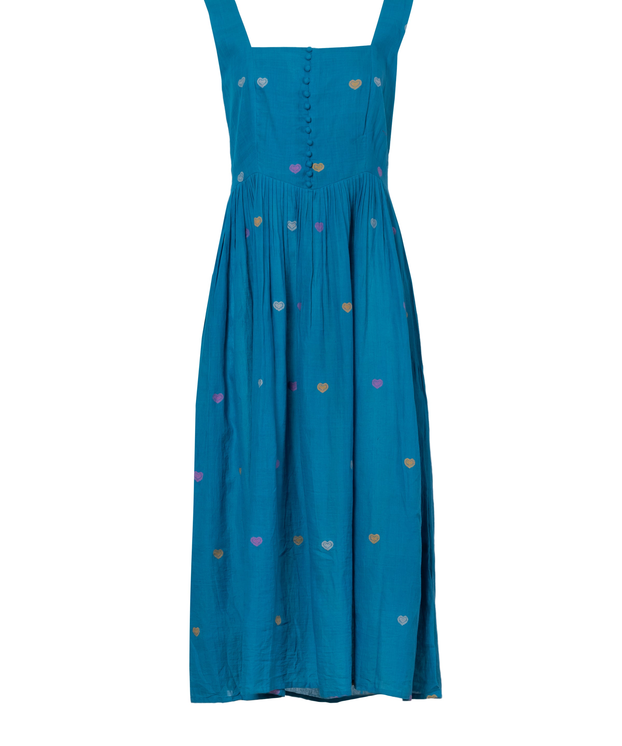 Turquoise cotton maxi dress with colorful heart embroidery and front button closure, full-length front view