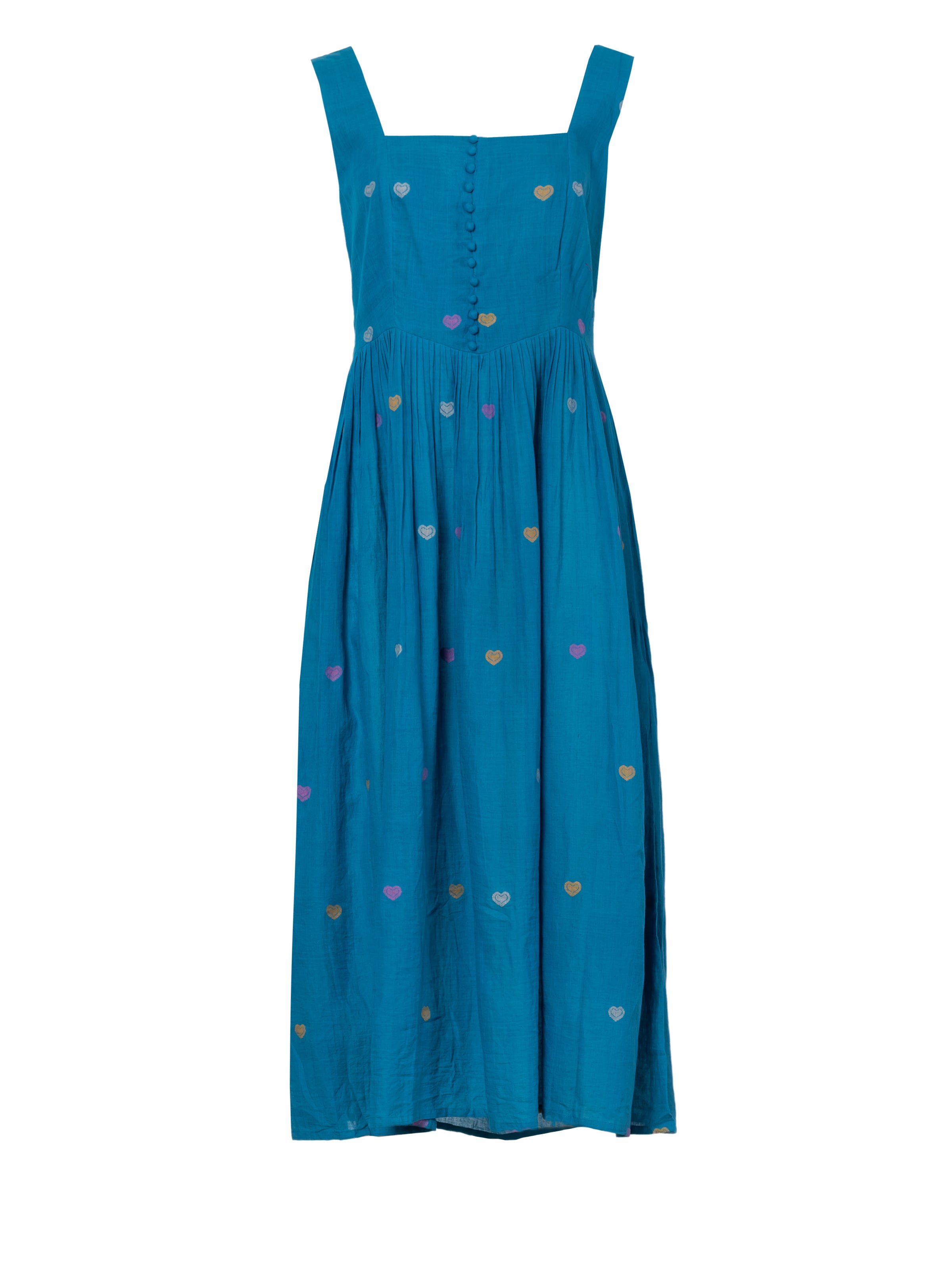 Turquoise cotton maxi dress with colorful heart embroidery and front button closure, full-length front view