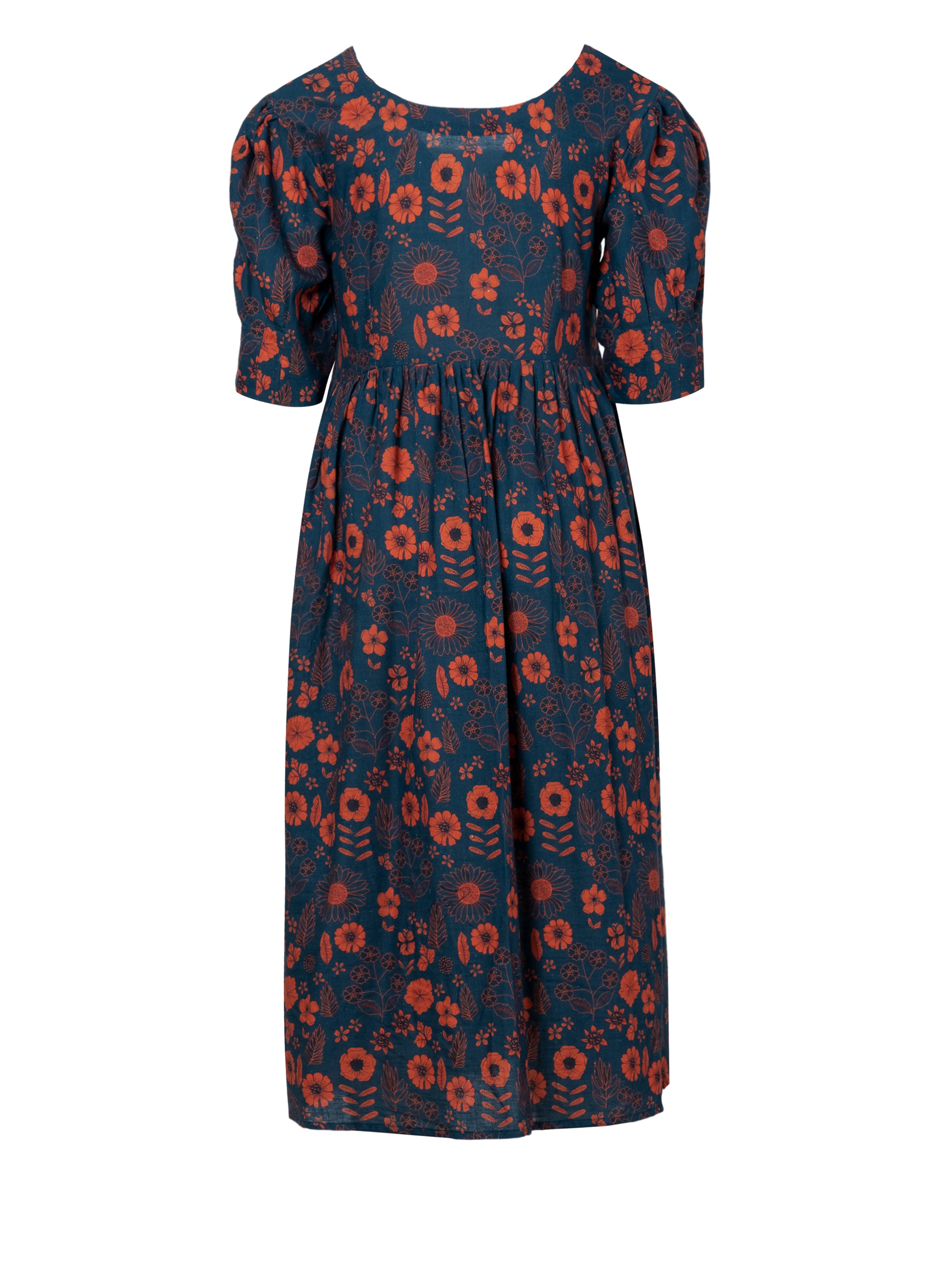 Floral Puff Sleeve Cotton Midi Dress