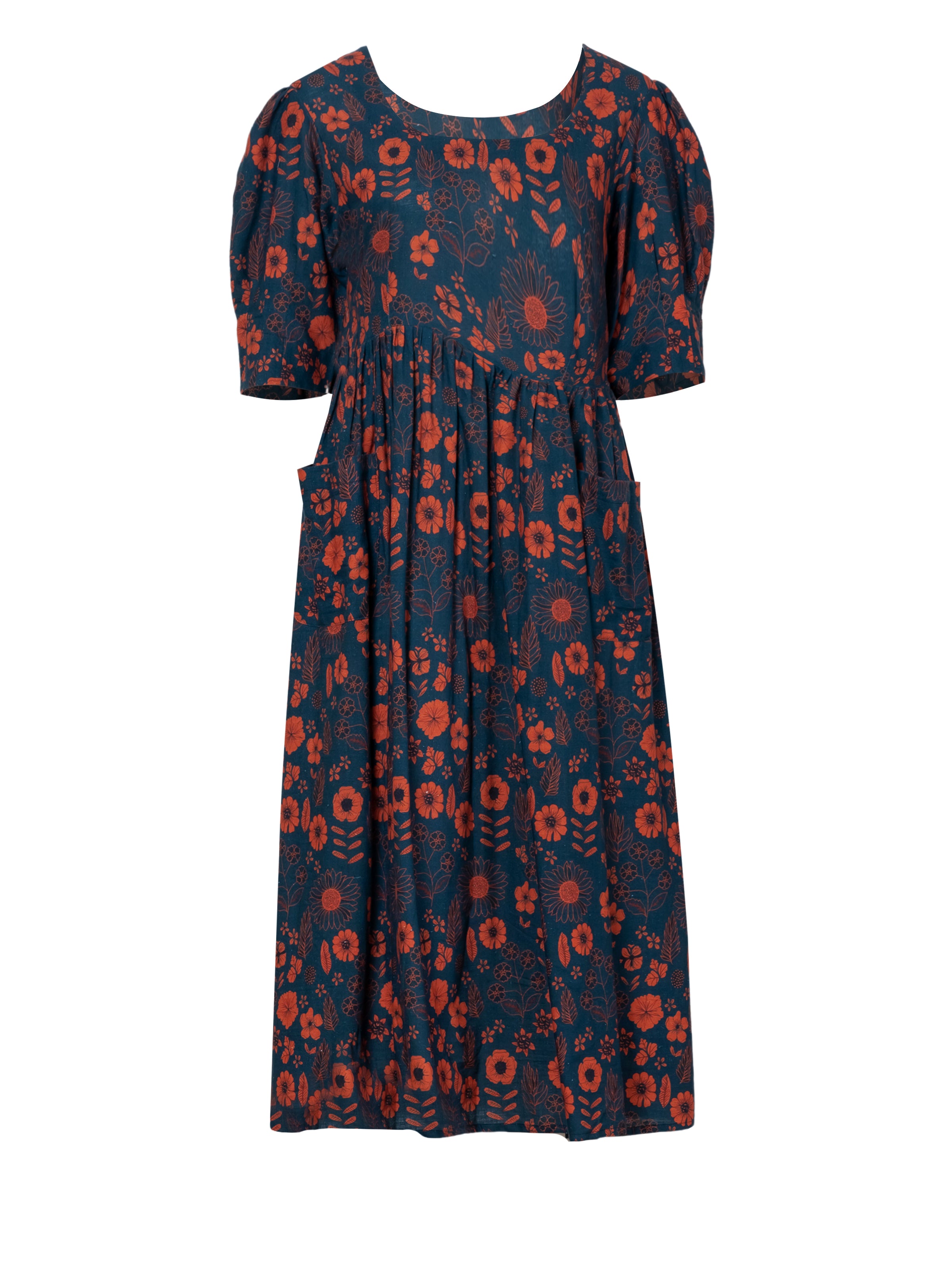 Floral Puff Sleeve Cotton Midi Dress