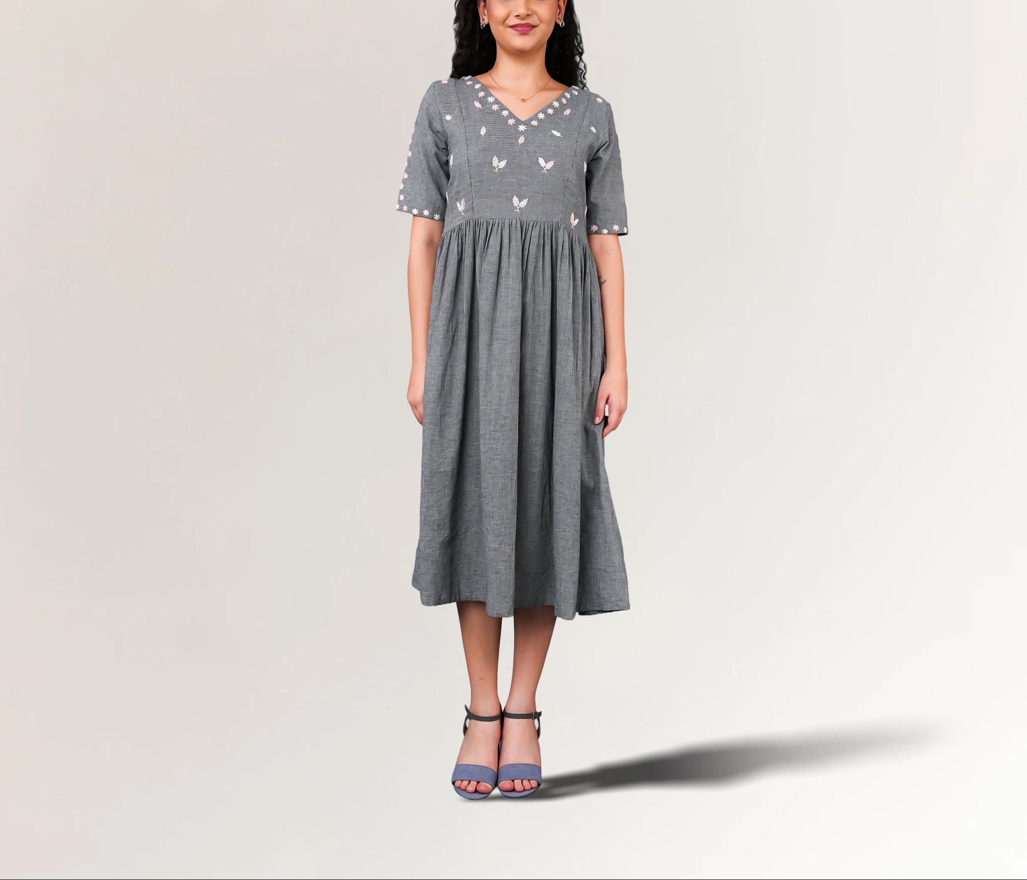 Grey Handwoven Khadi Cotton Dress for Women