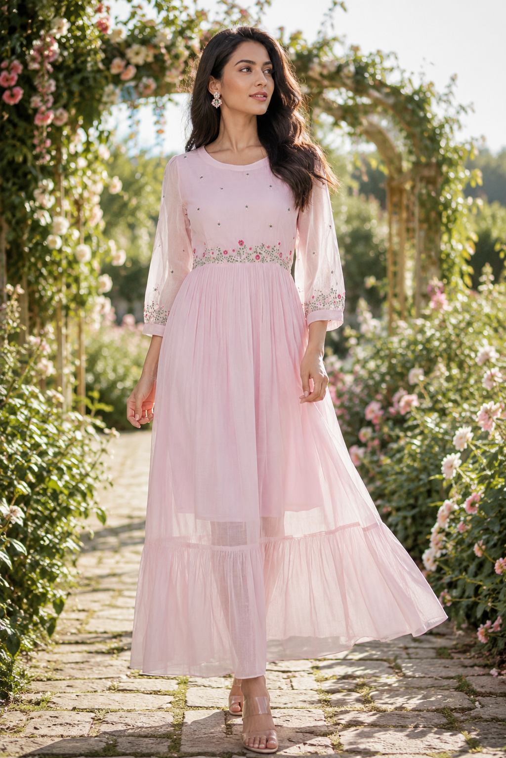 Blossom Trail Hand-Embroidered Maxi Dress