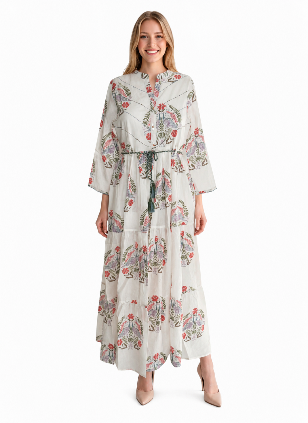 Cotton Boho Floral Print Maxi Dress for Women – Tiered Tassel Tie Summer Dress