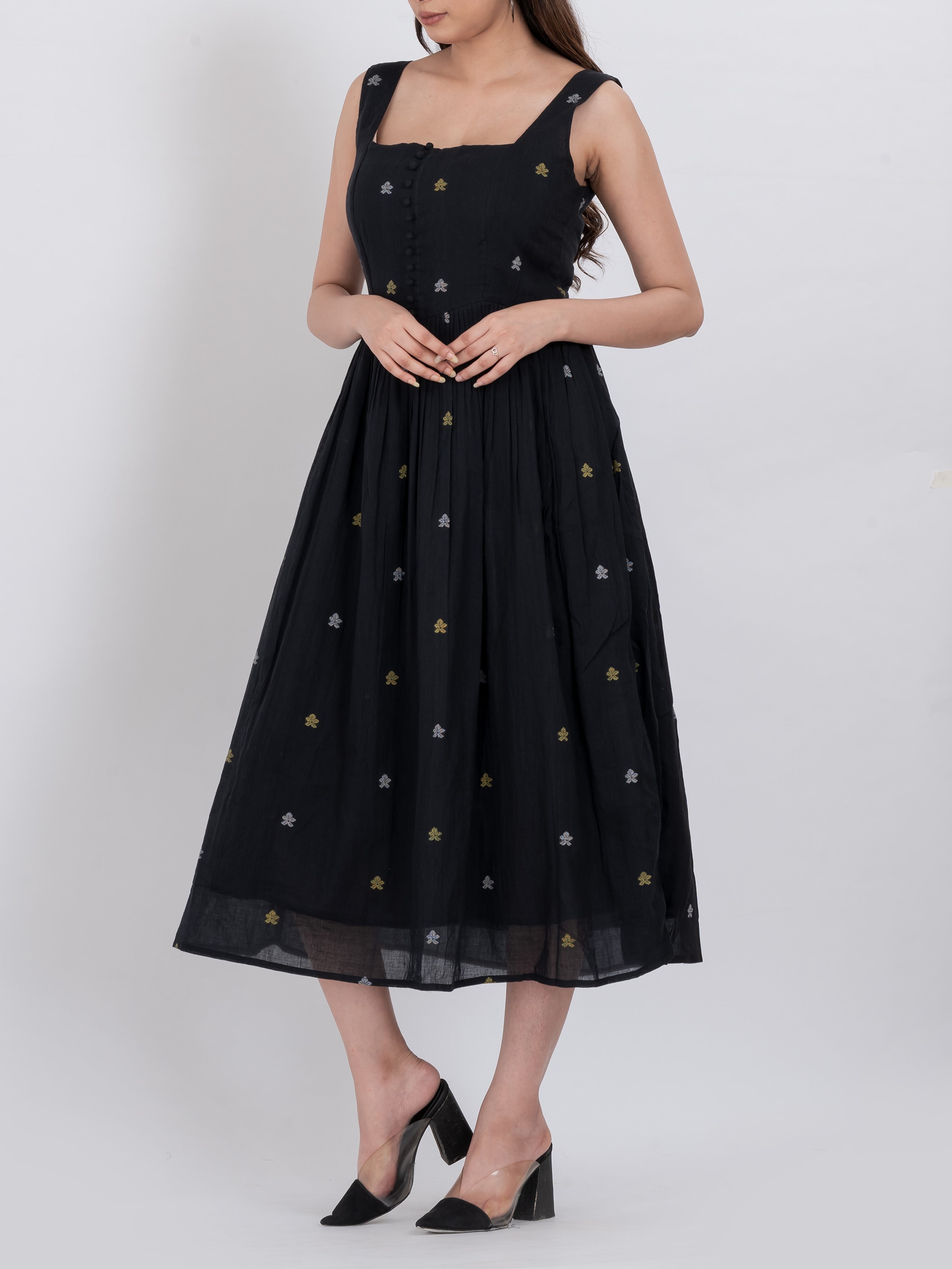  Floral embroidered handwoven cotton dress with square neckline and button front design.