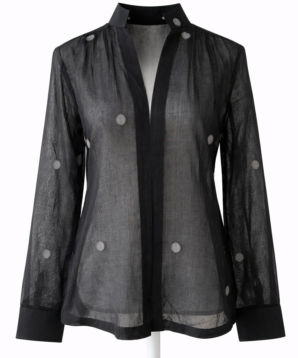 Handwoven Jamdani Cotton Top Black Sheer Elegant Blouse with Woven Dot Motifs