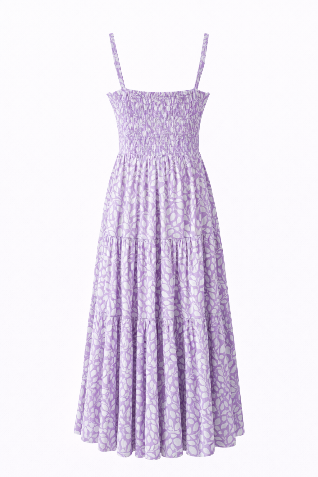 Floral Cotton Sleeveless Tiered Lavender Sundress with Front Tie Bow Smocked Back in Lavender Leaf Print Maxi Dress
