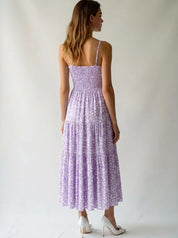 Floral Cotton Sleeveless Tiered Lavender Sundress with Front Tie Bow Smocked Back in Lavender Leaf Print Maxi Dress