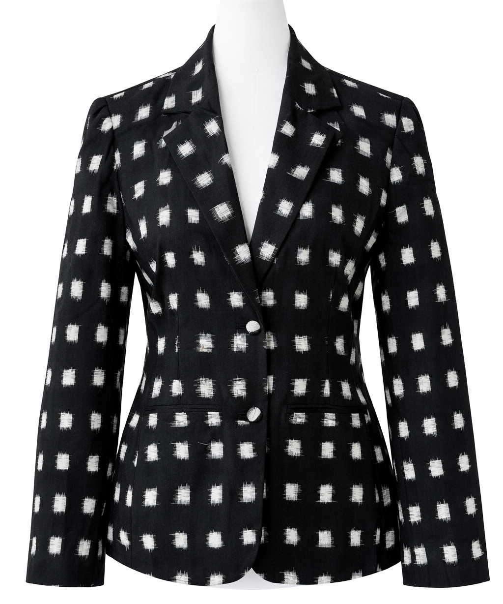 Ikat Cotton Blazer for Women Handwoven Ethnic Jacket Fitted Waist Notch Lapel