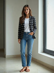 Ikat Cotton Blazer for Women Handwoven Ethnic Jacket Fitted Waist Notch Lapel