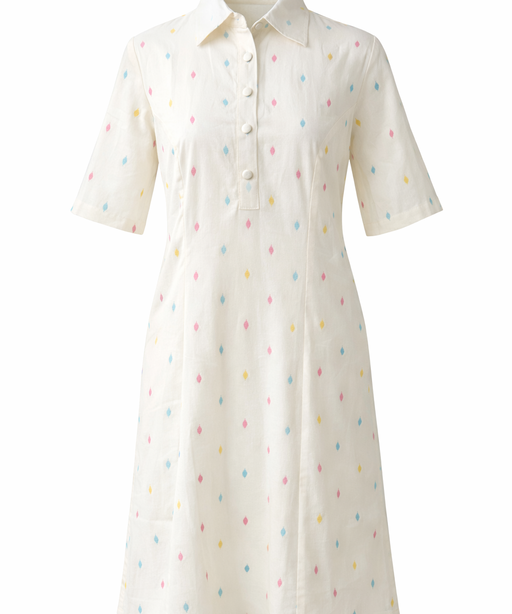 White Cotton Dobby Dress A-Line Collared Summer Midi Dress with Pockets in Ivory Confetti & Ivory Leaf