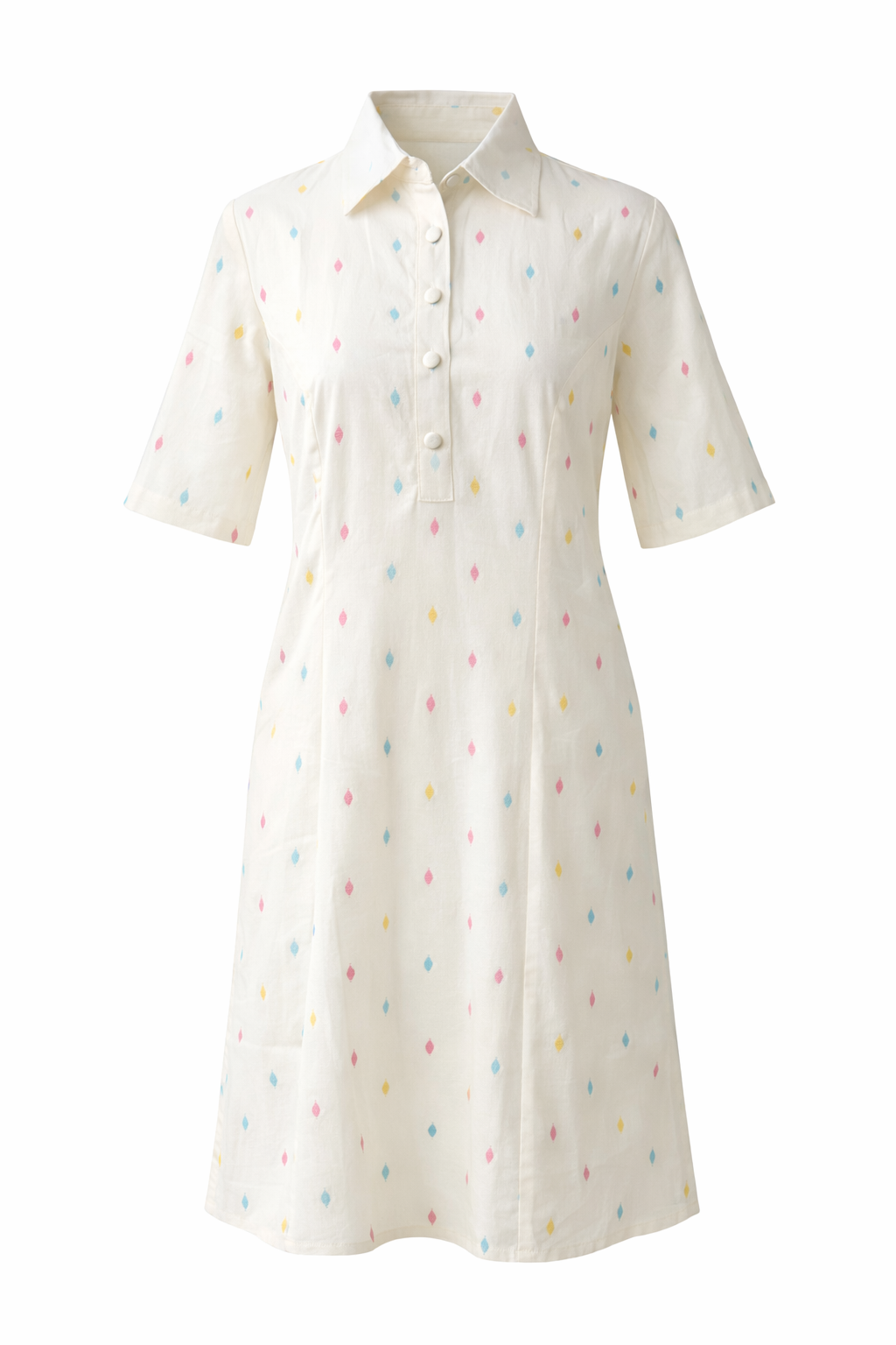 White Cotton Dobby Dress A-Line Collared Summer Midi Dress with Pockets in Ivory Confetti & Ivory Leaf