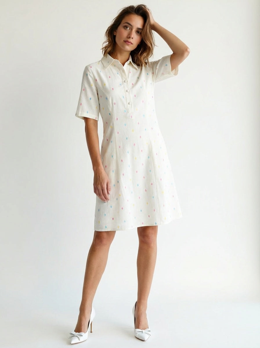 White Cotton Dobby Dress A-Line Collared Summer Midi Dress with Pockets in Ivory Confetti & Ivory Leaf