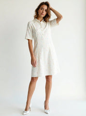 White Cotton Dobby Dress A-Line Collared Summer Midi Dress with Pockets in Ivory Confetti & Ivory Leaf