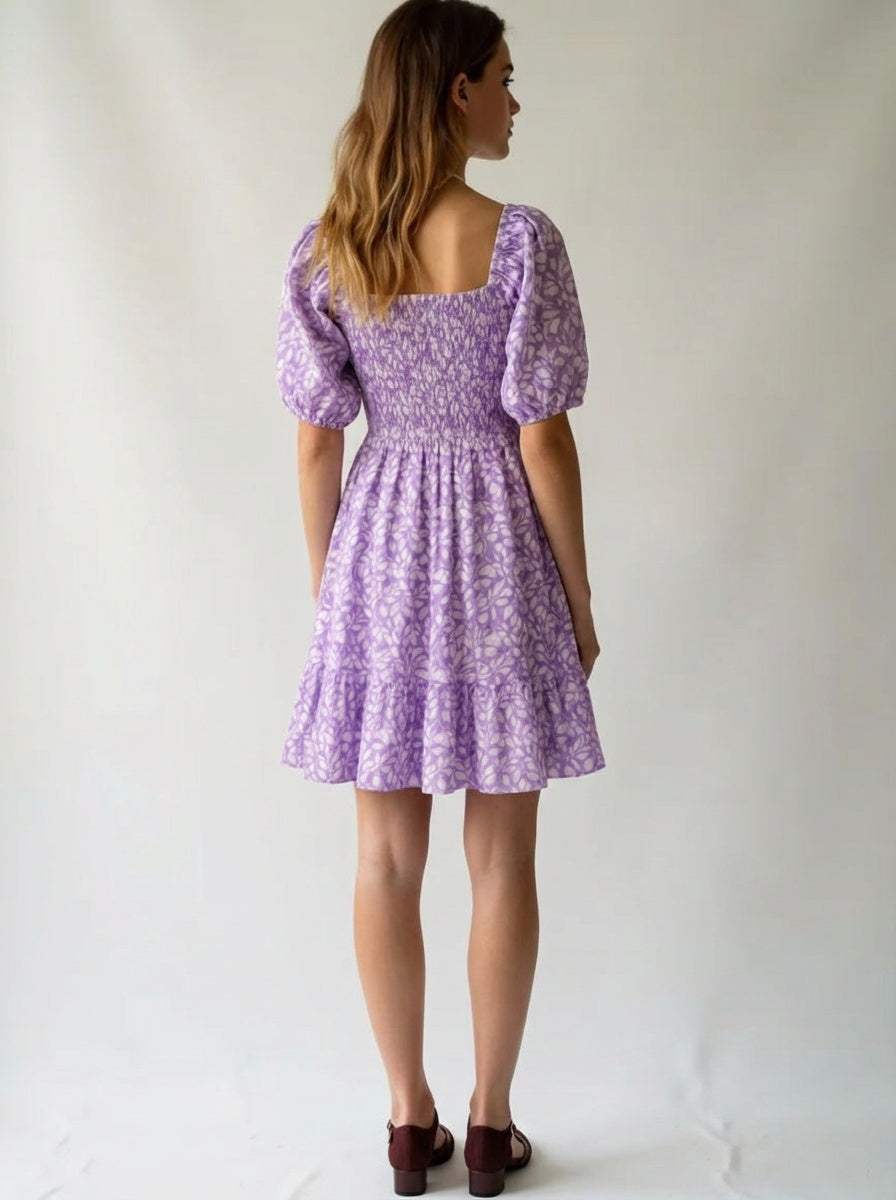 Printed Cotton Puff Sleeve Dress Women’s Square Neck Summer Dress