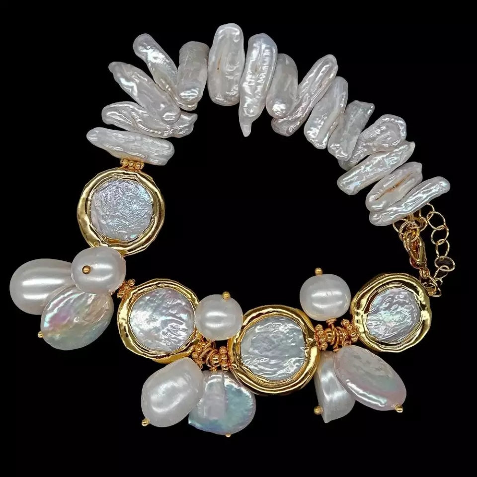 Natural Freshwater White Biwa Pearl Coin Keshi Pearl Sea Shell Pearl Bracelet 8"