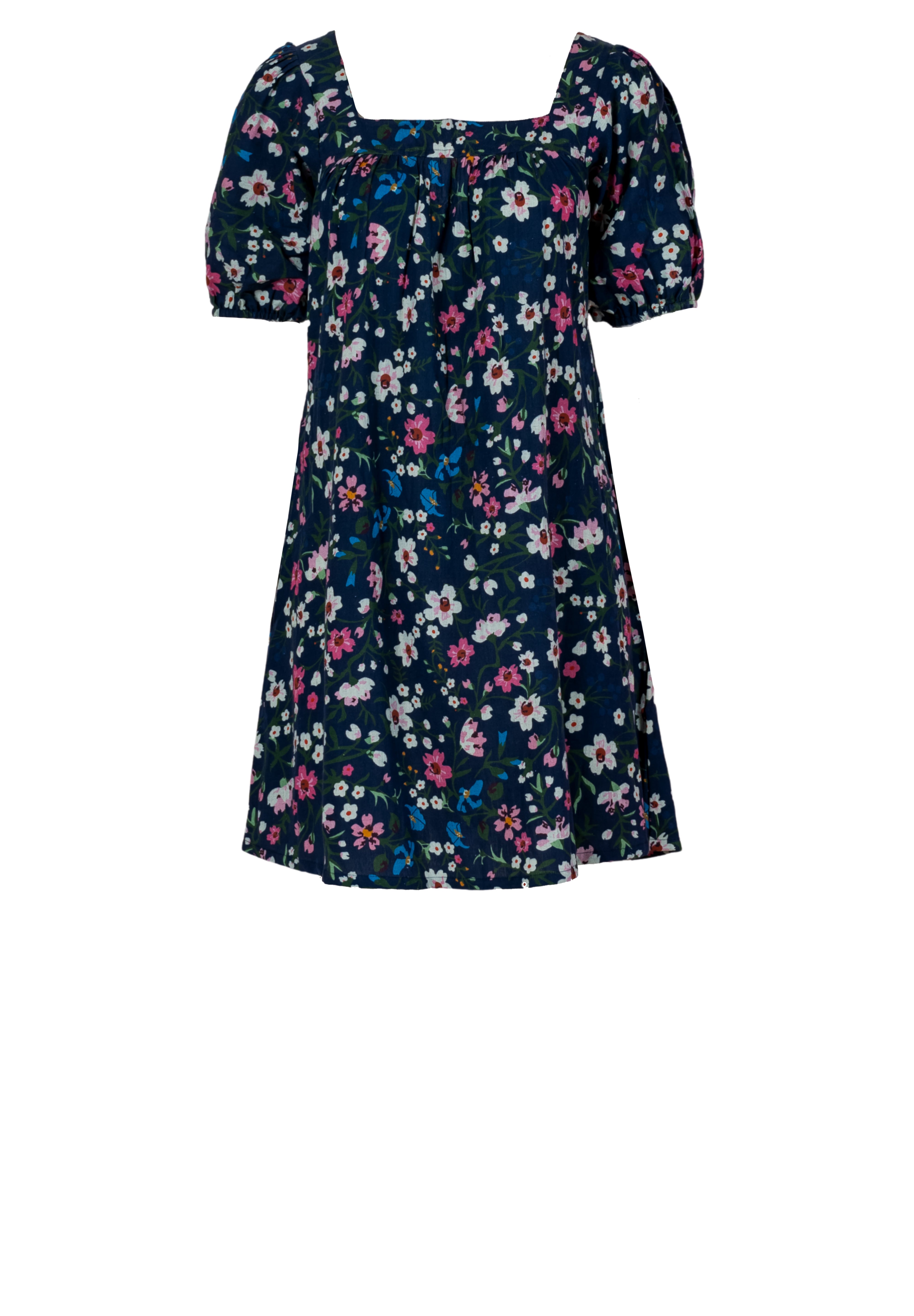 Handloom Cotton Floral Puff Sleeve Mini Dress for Women