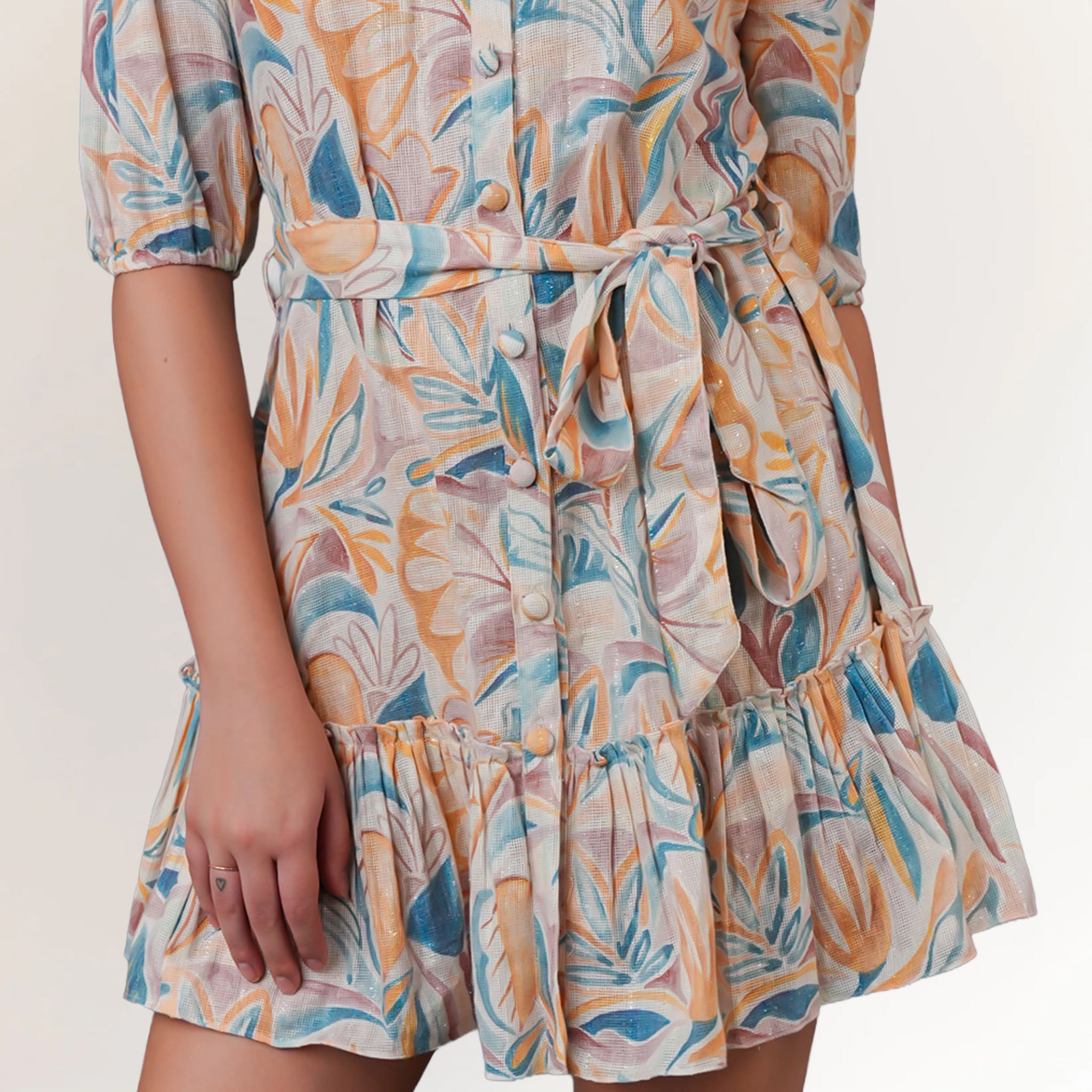 Cotton Jute Floral Mini Dress for Women